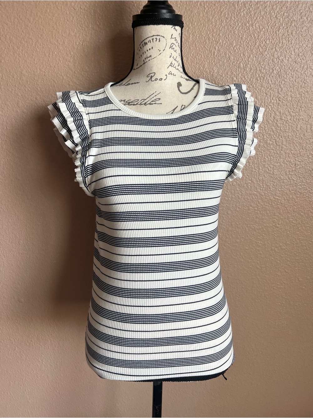 J.Crew Striped Ruffle Fluttered Sleeve Ribbed Cutesy Knit Preppy Top Sz Med